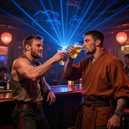 a shaolin warrior monk toasting conor mcgregor while drinking a beer in an irish pub, laser show with blue cloud patterns, in unreal engine, well framed, neon standup bar, trending on art station, in the style of the movie heat with al pacino, volumetric lighting & shadows, digital art, unreal engine,