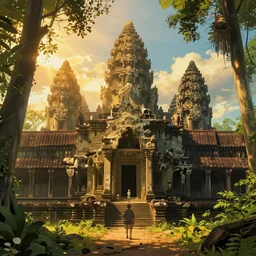 angkor wat style temple in a clearing in the lush jungle, volumetric god rays, golden hour, ghibli, pixar, mohrbacher, james jean, breath of the wild, golden hour, magical, cinematic, moebius