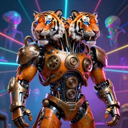 two headed tiger of two heads steampunk robot bodybuilder bouncer security with gears and tubes, blue eyes, shiny crisp 3 d render, bio - mechanical intelligences, aliens, robotic machines, gods, glitch creatures, dmt entity ; lsd art, very detailed, fluorescent colors, background multicolored lasershow