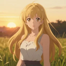 anime art, anime key visual of elegant young female, long blonde hair and large eyes, finely detailed perfect face, standing in the grass at sunset, golden hour sunset lighting, background blur bokeh!!, trending on pixiv fanbox, studio ghibli, extremely high quality artwork,