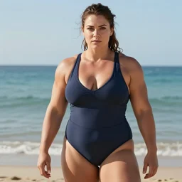 portrait of a thick female bodybuilder lara croft at the beach wearing a swimsuit, summer, sea, hot day, sunlight, broad robust and strong figure, brown hair, well toned muscles, beautiful, highly detailed, sharp focus, donato giancola and thomas kinkade, pinup