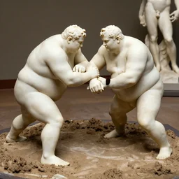 fat men from arkansas wrestling in a mud pit, sculpture by rodin and michaelangelo