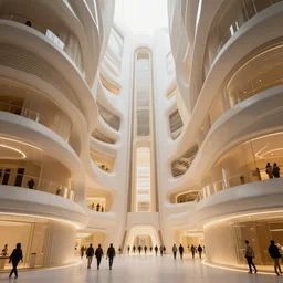 the inside of a very tall building, octane render, warm colour scheme, white, cyberpunk architecture by zaha hadid, cinematic, scenery, high detail, high quality, close up angle, people walking