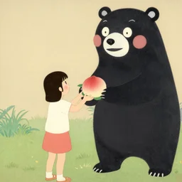 a girl gives a peach to a large anthropomorphic asian black bear, in the style of foujita tsuguharu
