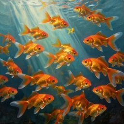 portrait of goldfishes swarming the ocean. shadow and light. rays of light. energetic, dynamic, lively, detailed, intricate, complex. fine art by gaston bussiere.
