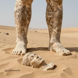 two vast and trunkless legs of stone stand in the desert.... near them, on the sand, half sunk a shattered visage lies, by greg rutkowski, by henry ossawa tanner