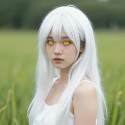 a portrait of a beautiful girl with white hair and bright yellow eyes standing in a meadow by krenz cushart
