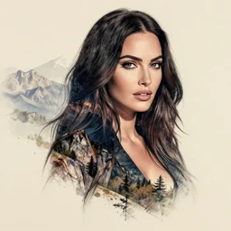 double exposure effect tattoo design sketch of megan fox and beautiful mountains, surreal, in the style of matteo pasqualin, amazing detail, sharp
