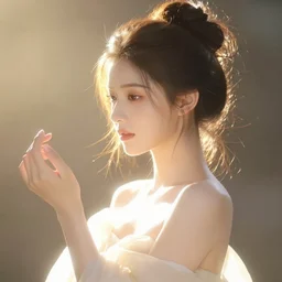 a beautiful female sorceress radiating with an enchanting glow, body of a goddess, hair in a hairbun, photography