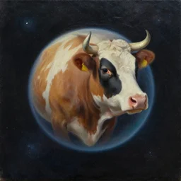 spherical cow floating in space, oil on canvas