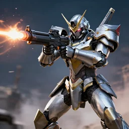 armored knight mech aiming laser rifle, action shot, by issei hyouju