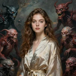 portrait of a girl in a silk robe surrounded in mutants and strange creatures, by Jeff Simpson and Simon Bisley