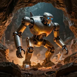 mechanoids mining resources in a cave with minimal lighting in the style of thomas cole, cinematic lighting, raytracing, 8 k, octane render, volumetric, vivid, beautiful, hyperrealism