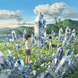 Landscape of crystals by Makoto Shinkai, Greg Rutkowski, and Krenzcushart