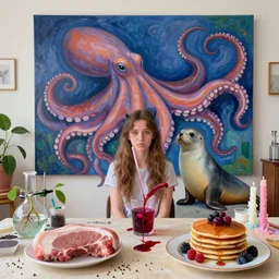 female catgirl in her apartment, surgical equipment, giant octopus, a fur seal, raw pork, berry juice drips, pancakes, berries, peppercorns scientific glassware with plant roots, art supplies, candles dripping wax, neo - impressionist surrealism, acrylic and spray paint and oilstick on canvas
