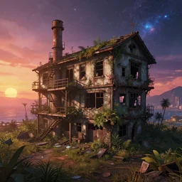 a beautiful very detailed render of abandoned nature chattel house industrial architecture urbex city building by rosa bonheur, myst universe sea sunset cgsociety anime galactic fisheye nature reclaimed by nature retrowave fantasy cosmic postcyberpunk at dawn san andreas, archdaily, wallpaper, highly detailed, trending on artstation.