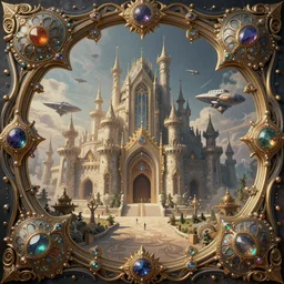 symetrical highly detailed ornate with jewels and precious metals futuristic, sandman kingdom, close up in the bg entrance castle kingdom of dreams, space ships, hiperrealistc, global illumination, radiant light, detailed and intricate environment, wide view, drawing by frank lloyd wright art by andreas achenbach