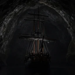 A singular big galleon ship, three masts, front and center, in a cave. Underexposed, dark, centered. Atmospheric matte painting by Darek Zabrocki and Christophe Vacher