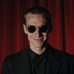 portrait of a slender man with short hair and rounded sunglasses, malevolent smile, atmospheric and obscure, under a spotlight, against a red curtain, by roger deakins, cinematography, syd mead, realistic, 8 0 mm
