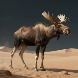 an otherworldly camel moose, walking in an extraterrestrial desert. pulp sci - fi art. soft lighting. muted colors. dark background