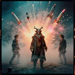 kodak portra 4 0 0, wetplate, christmas, teal and orange and pink colours, explosions, rockets, krampus, the walking dead, 1 9 1 0 s style, motion blur, portrait photo of a backdrop, bombs, sparkling, fog, by georges melies and by britt marling