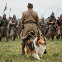 a human riding to war on the back of his sheltie dog