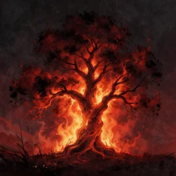 ink drawing of tree made of fire dark fantasy dreamlike cinematic lighting dark - red, black, dark gray, red, light - red, orange