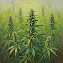a oil painting of a field of marijuana plants