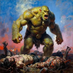 oil painting of lone giant orc roaring as it steps over it's fallen enemy's bodies, boris vallejo, vibrant, high contrast