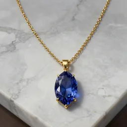 A very highly detailed single large pointed faceted sapphire necklace with a thin gold chain and gold setting, resting on a polished marble countertop, digital rational painting art by Greg Rutkowski, sci-fi highly detailed, digital concept art, sharp focus, very very realistic product shot by Stephen Hickman and James Gurney and Hiromasa Ogura Ghost in the Shell rendered in Octane Render, studio lighting