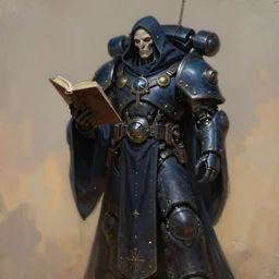 painting of undead lich as a cloaked tech priest holding a book, adeptus mechanicus, cybernetic enhancements attached to his body, zdzislaw beksinski, lewis jones, dariusz zawadzki, wayne barlow, warhammer 4 0 k, cold hue's, warm tone gradient background, concept art, digital painting
