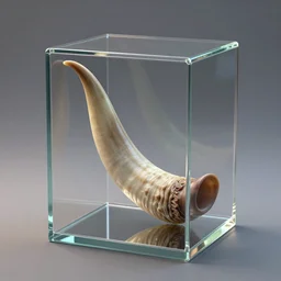a tattooed horn in a glass cube, photorealistic, blender render, 8 k, 3 d, ultra detailed