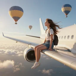 photorealistic very wide shot of a girl sitting on the wing of a flying passenger airplane, side view, very windy, sunny morning light, hot air balloons in the distance, hdr, volumetric lighting, intricate details, detailed digital artstation concept by john william waterhouse and krenz cushart and noriyoshi ohrai, unreal engine, octane render