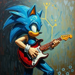 oil painting of a sonic plays guitar by vincent van gogh