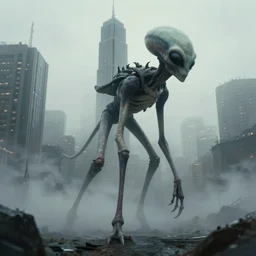 alien monster with a skyscraper on its back, long legs, foggy, in the city, trending on artstation