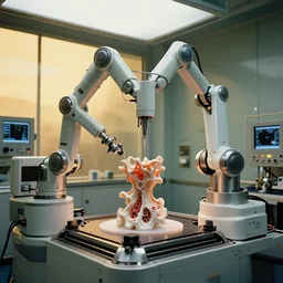 a complex bifurcated robotic cnc surgical arm cybernetic symbiosis hybrid mri 3 d printer machine making organic ceramic fractal forms in the glass room laboratory with control panels, golden hour lighting, film still from the movie directed by denis villeneuve with art direction by wayne barlowe and salvador dali, wide lens, f 3 2,