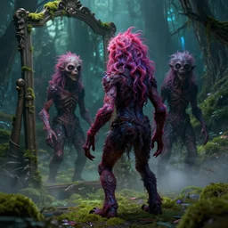 beautiful digital fantasy illustration of a creepymania creature standing in front of a mirror, concept art by Alex Horley-Orlandelli, scary, dark, fantasy, renderman render, 3D, photorealistic, concept art, complementary color, vibrancy color, high detail texture, unreal engine, 8k, Photographic quality, ultra hyper realistic quality, 8k definiton, misting, moss, fantasy forest environment, vivid, intense, hyper-realistic, cinematic, cinematic lighting