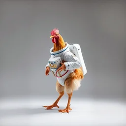 studio photo still of a full body chicken in a space suit, 8 k, studio lighting, key light from right side, more steps, higher quality