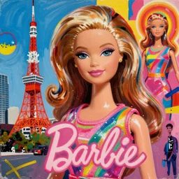 a woman as a barbie doll in tokyo, by basquiat and jackson pollock, maximalist magazine collage art, retro psychedelic