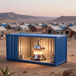 a glowing nuclear microreactor inside a shipping container against a backdrop of a Yemen refugee camp, afrofuturism, peaceful, serene, 4k, octane render, blender, intricate