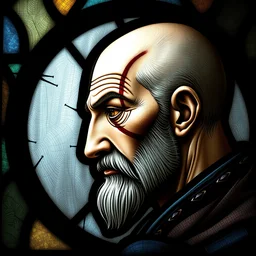 gothic stained glass window, detailed side portrait of letho of gulet, a 3 5 year old man, witcher, small eyes, side - view, bald and shaven, large head scar, detailed and masterful, backlit