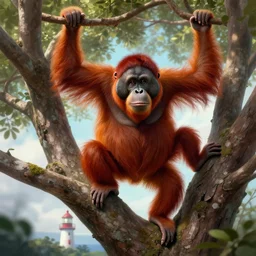 red orangutan climbing on the lighthouse as tree, fantasy, digital painting, volumetric light, intricate, sharp, focus, bloom, illustration, highly detailed, concept art, matte, ruan jia, randy vargas, greg rutkowski
