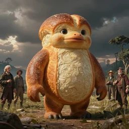 hyper realistic seth rogen as bread roll creature hybrid, gorgeous lighting by weta studio, mucha, bautista and norman rockwell and greg rutkowski and tom bagshaw and james gurney and lucasfilm