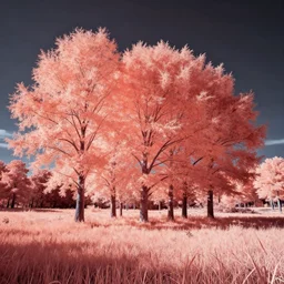 an infrared image of trees in a field, a matte painting by tadanori yokoo, pixabay contest winner, color field, infrared, apocalypse landscape, matte painting