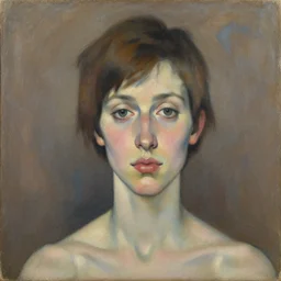 expressive medium shot portrait of a young woman with tomboy short brown hair, fat lips, brown and blue palette, oil painting, muted colors, artwork by lucian freud, arnold bocklin