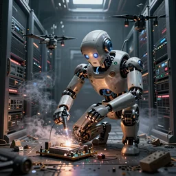 parallax volumetric coherent gloomy colossal ruined server room in datacenter by eddie mendoza blender robot figure automata headless drone robot welder posing pacing fixing soldering mono sharp focus, emitting diodes, smoke, artillery, sparks, racks, system unit, motherboard, artstation cgsociety artofmtg hyperrealism cinematic dramatic painting concept art of detailed character design