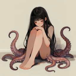 a sad girl with octopus tentacles instead of limbs sitting on the floor, illustration by James Jean