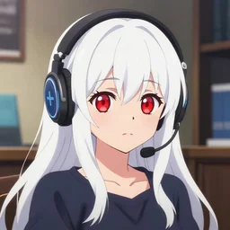 anime visual of a cute girl, with + ( ( red eyes ) ) + long white hair + ( ( wearing a headset in her room interior ) ), poster by ilya kuvshinov, kyoani, makoto shinkai