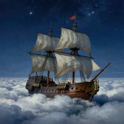 Pirate ship sailing in a sea of clouds by Edward Hopper, star lit sky, 4k