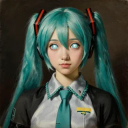 A classic portrait of Hatsune Miku with sparkly eyes as a religious symbol by Caravaggio, oil painting, year 1600, highly detailed, chiaroscuro
